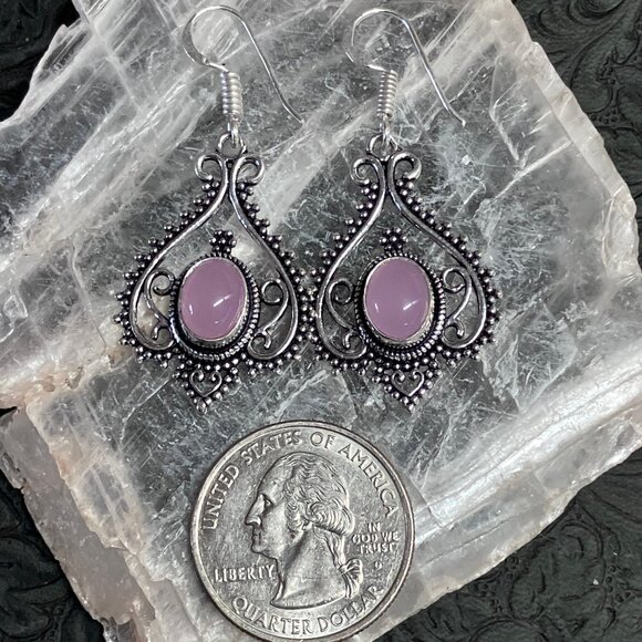 Ornate Pink Chalcedony and Heart Earrings Stone Crystal Jewelry - Picture 4 of 4